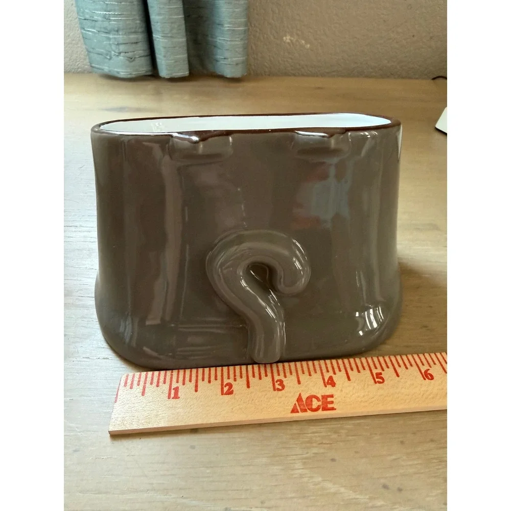 Ceramic Cat Slow Feeder Bowl Grey White Fish Bone Design Sculpted Tail 5.5in